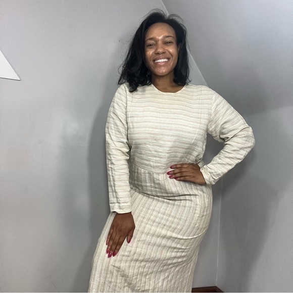 Vintage FLAX by Jeanne Englehart 70s cream striped linen long sleeve maxi dress - Picture 3 of 15